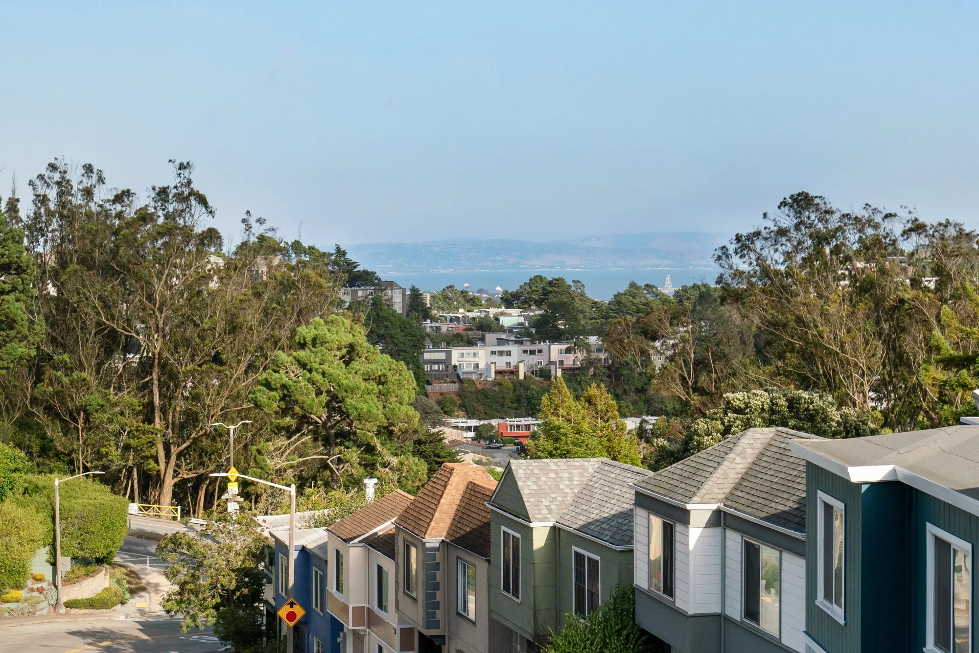 A view of a suburban neighborhood with colorful houses in the foreground, lush green trees, and a distant view of the bay and mountains in the background.