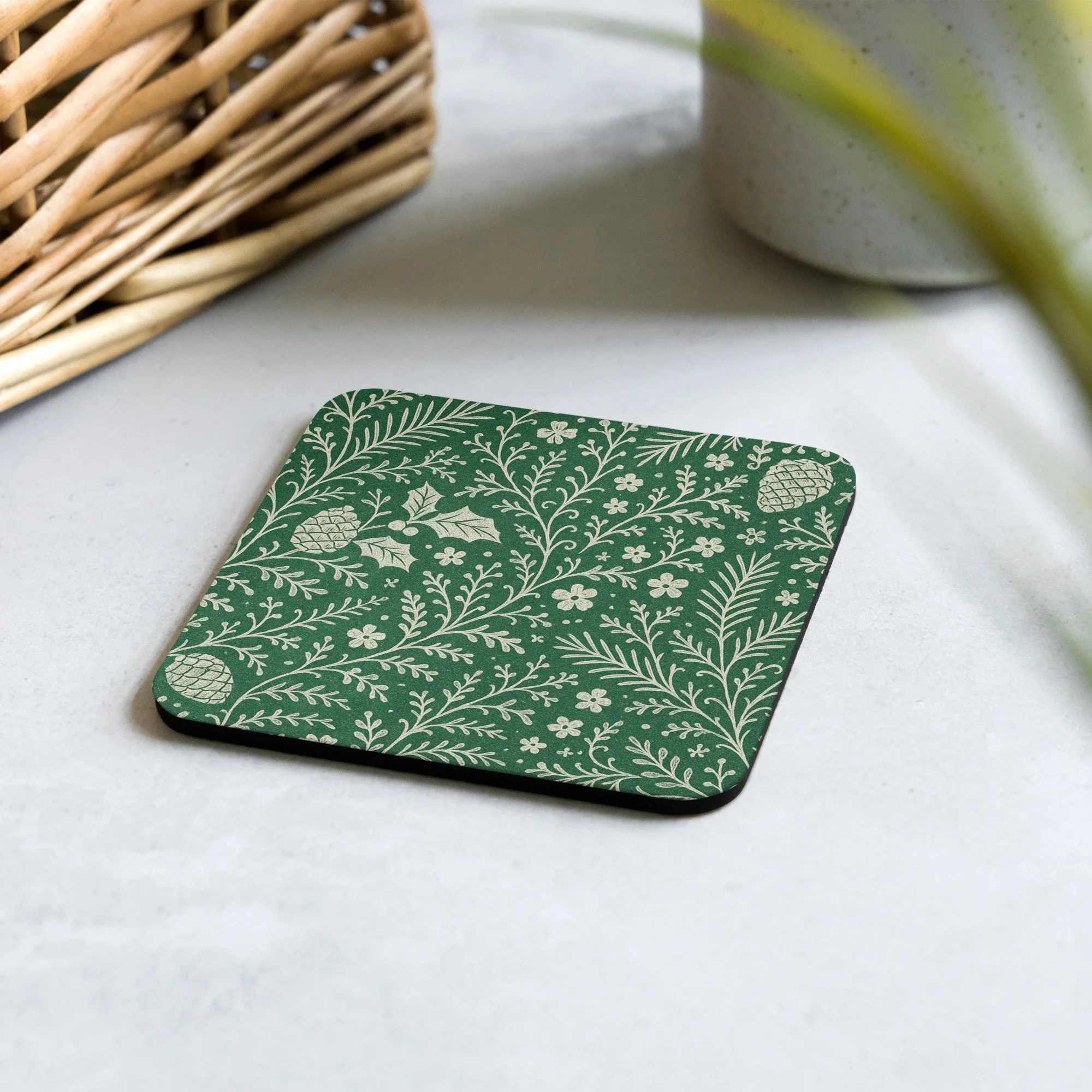 Evergreen Lace // Winter Botanica — Christmas Cork-Back Coaster
