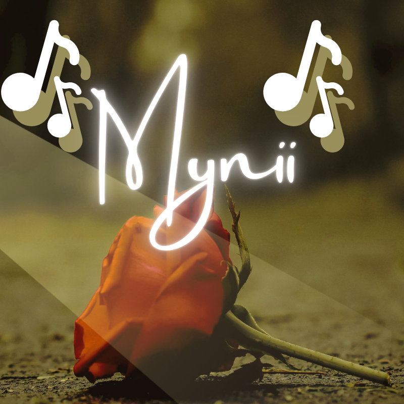 A close-up of a wilted orange rose on a rough surface with musical notes and the name 'Mynii' in neon-style text over the flower.