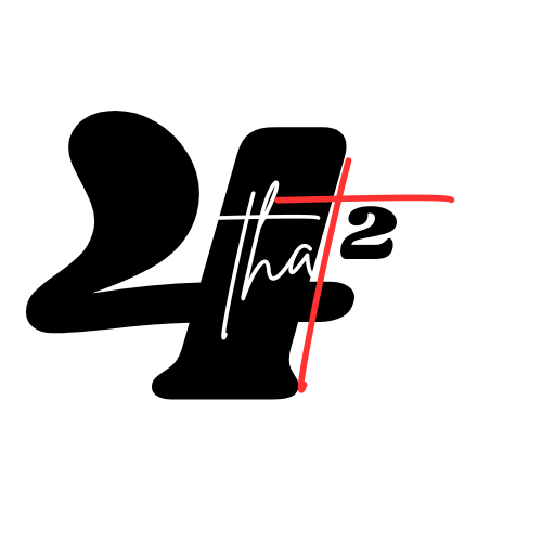 Graphic design featuring the number '24' with the words 'that' written vertically between the numbers, and a red line crossing through the number '4' and the superscript '2'.