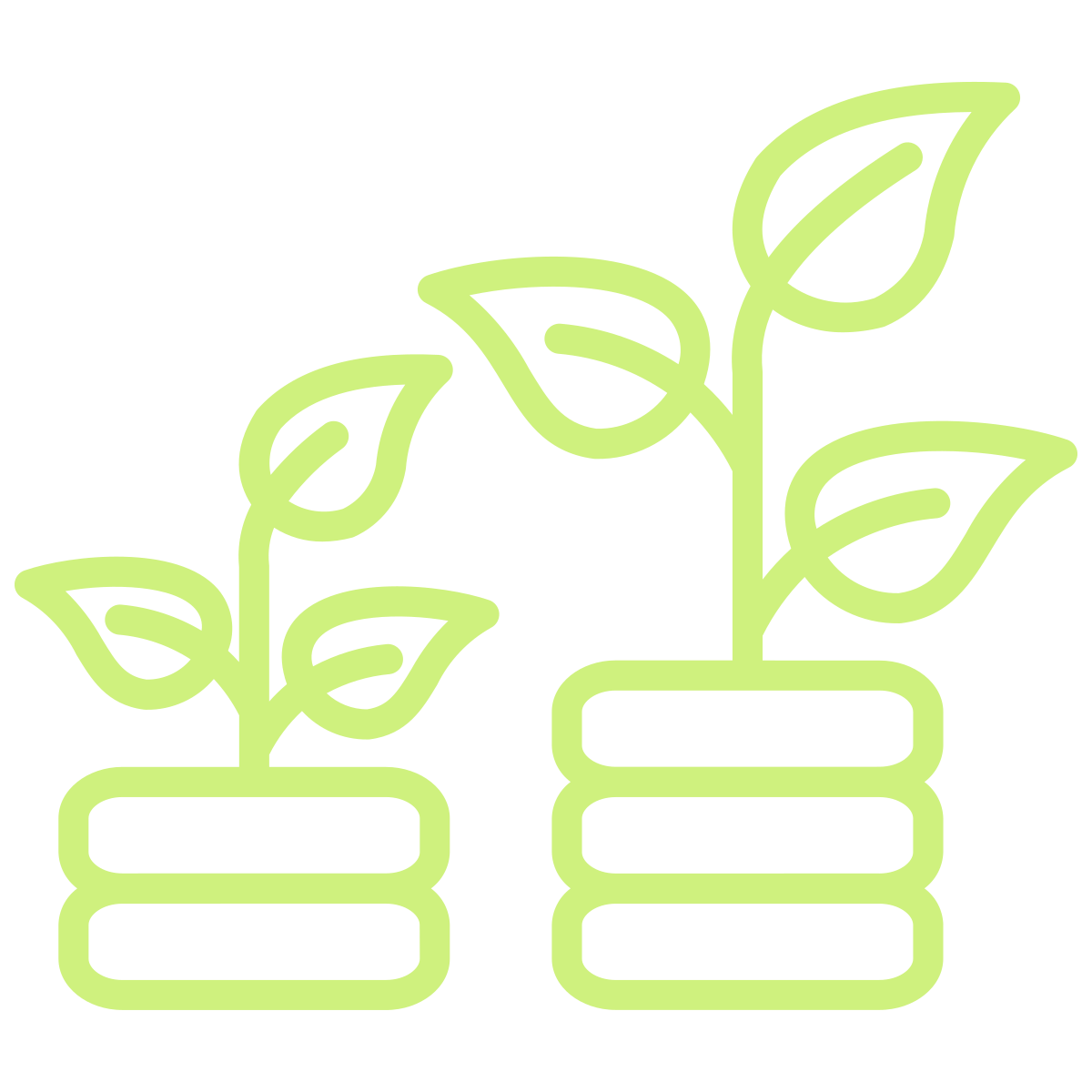 Line drawing of two potted plants with leaves, depicted in light green.