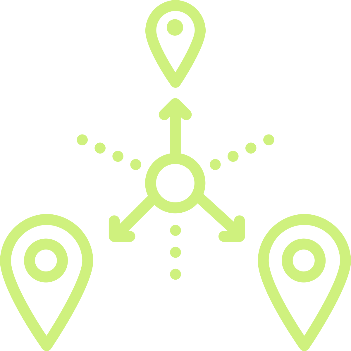 Diagram with three location markers connected by arrows indicating navigation or movement from one point to another.