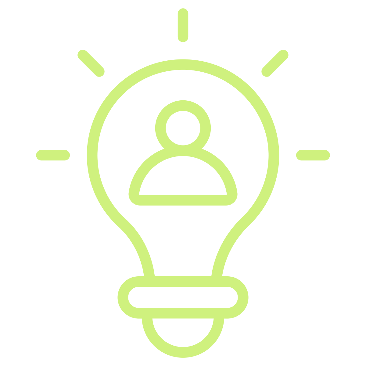 Light bulb icon with a person silhouette inside and lines radiating outward symbolizing ideas or innovation.