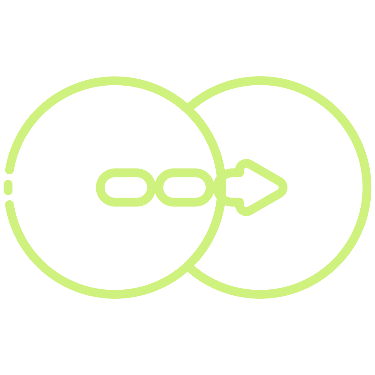 Flowchart icon with two overlapping circles, an arrow, and a chain link, all in green outline.