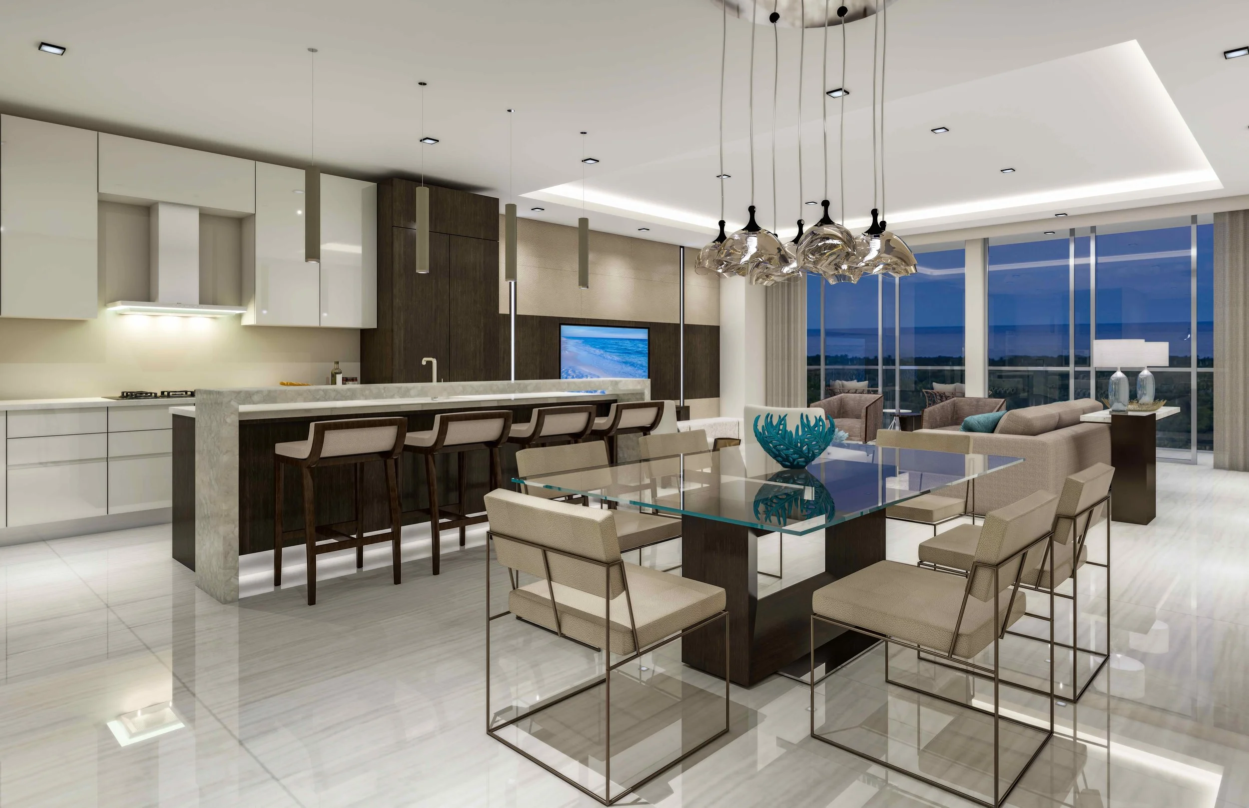 Modern open-concept living and dining area with a kitchen, bar stools, dining table, chairs, and a seating area with sofas and large windows showing a cityscape at night.