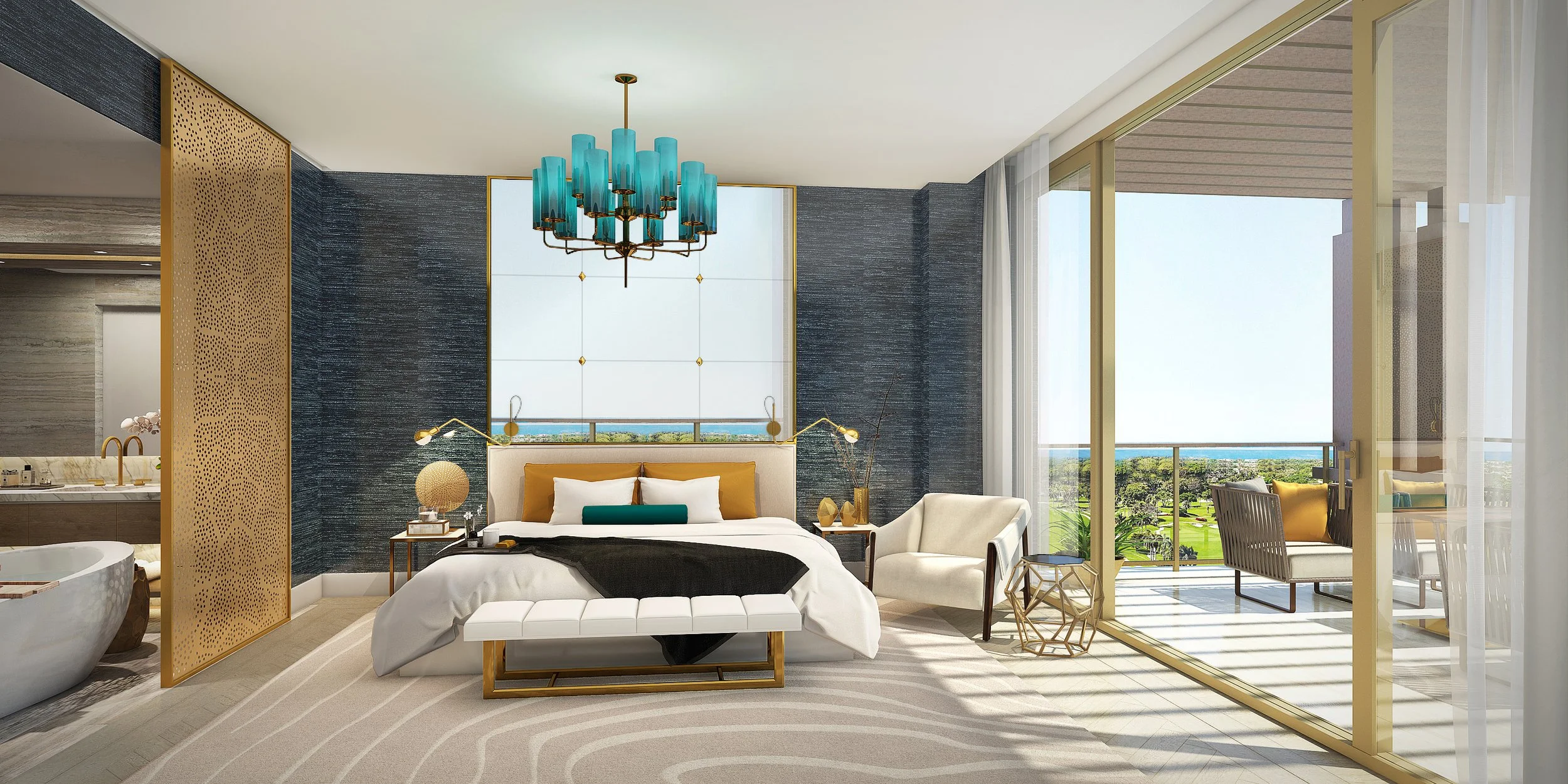 Luxurious bedroom with a large bed featuring white and mustard bedding, modern bedside lamps, a teal and gold chandelier, a sitting area outside on a balcony, large windows, and a view of greenery and the ocean.