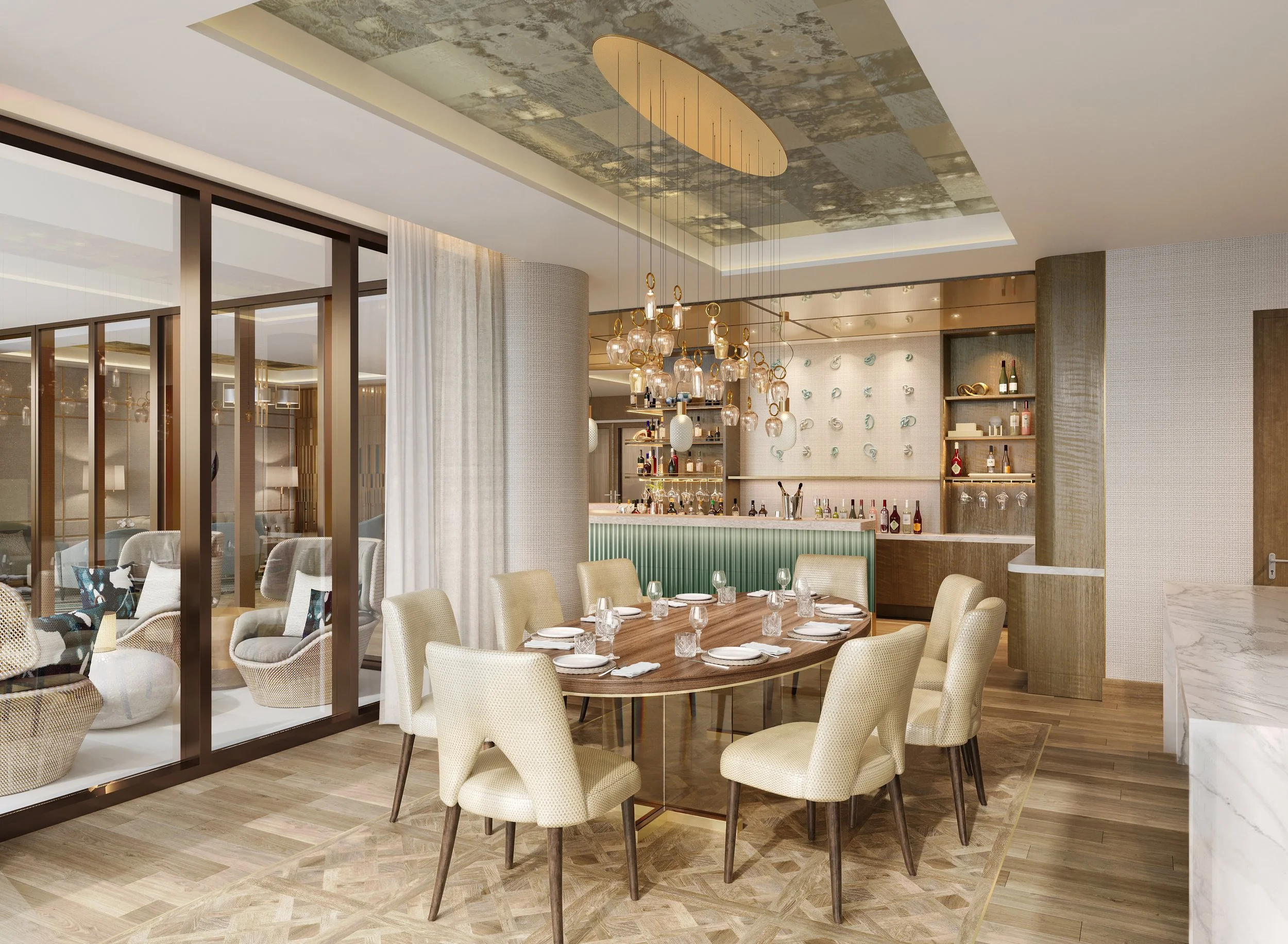 Elegant restaurant interior with a round dining table set for eight, cream upholstered chairs, and a modern bar area with pendant lights, glassware, and spirits in the background.
