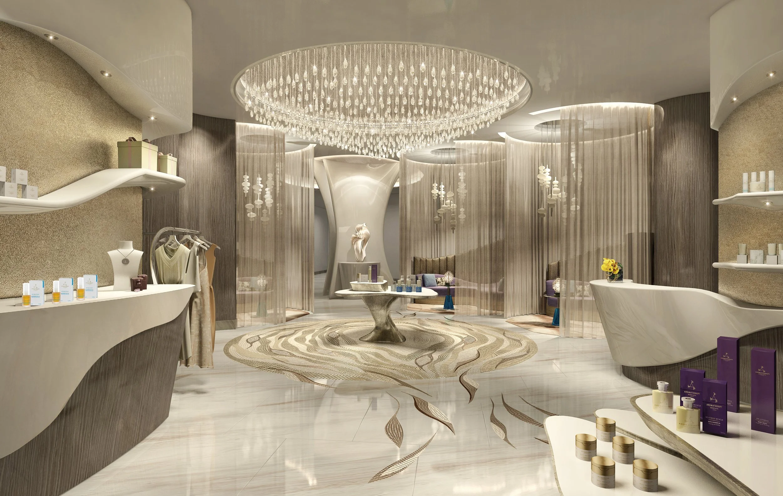 A luxurious boutique with clothing, beauty products, and elegant decor, including a chandelier and curvy display counters.