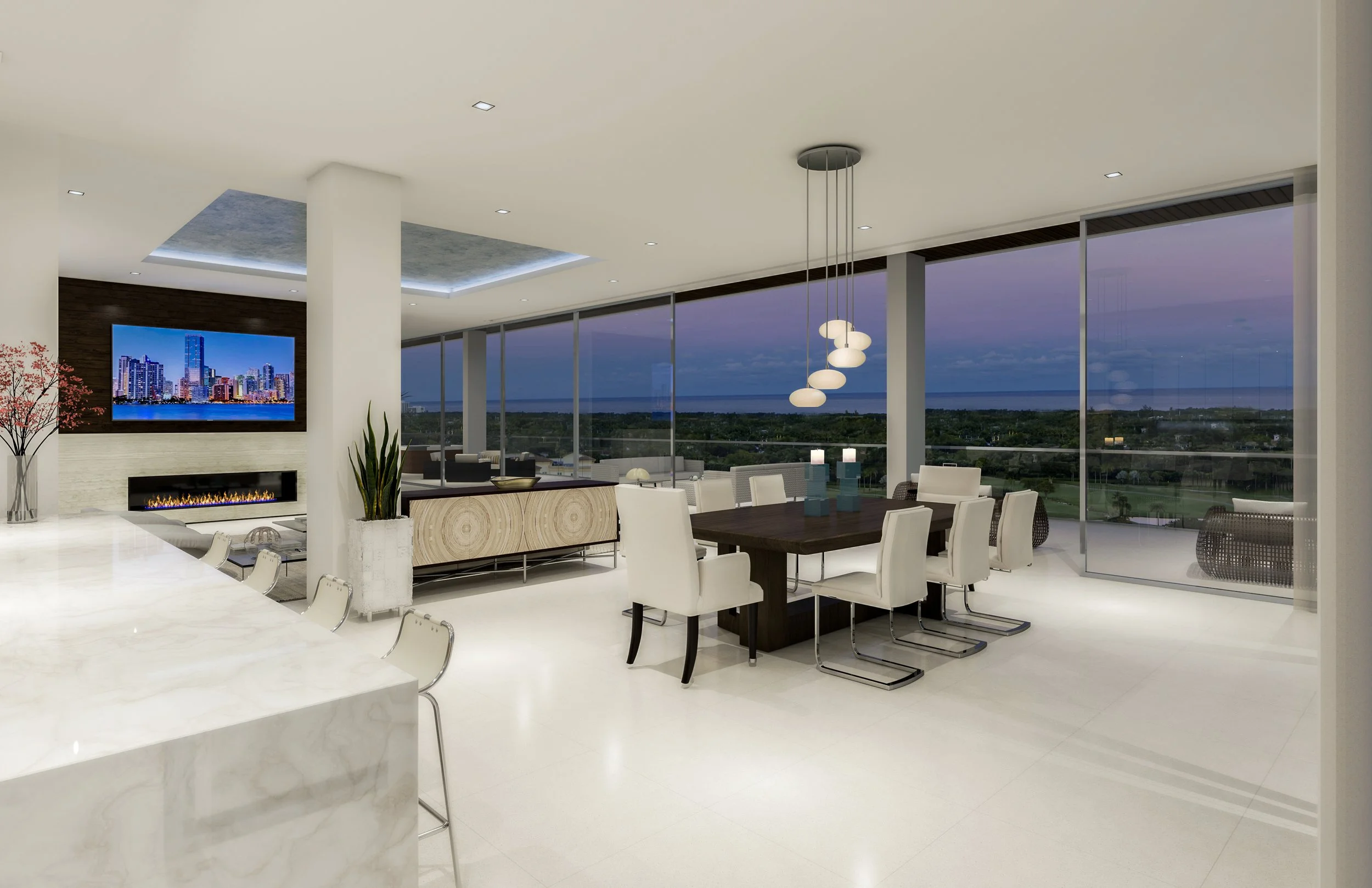 Modern living and dining area with large floor-to-ceiling windows showing a cityscape and sunset, white chairs around a dark dining table, TV on a brick fireplace, and contemporary lighting fixtures.