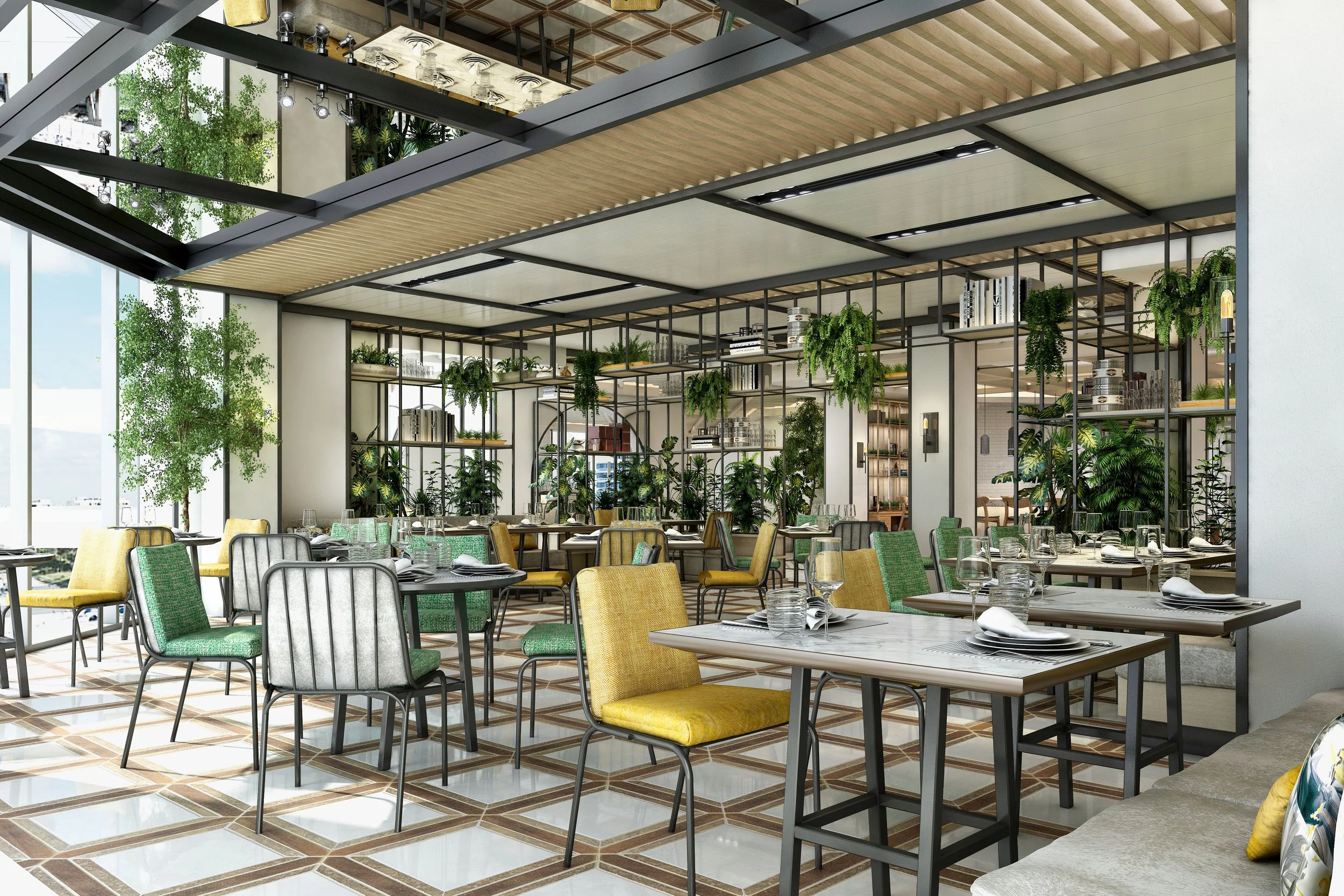 Interior view of a modern restaurant dining area with patterned tile floors, colorful chairs, and tables set with glasses, plates, and utensils, surrounded by green plants and large windows.