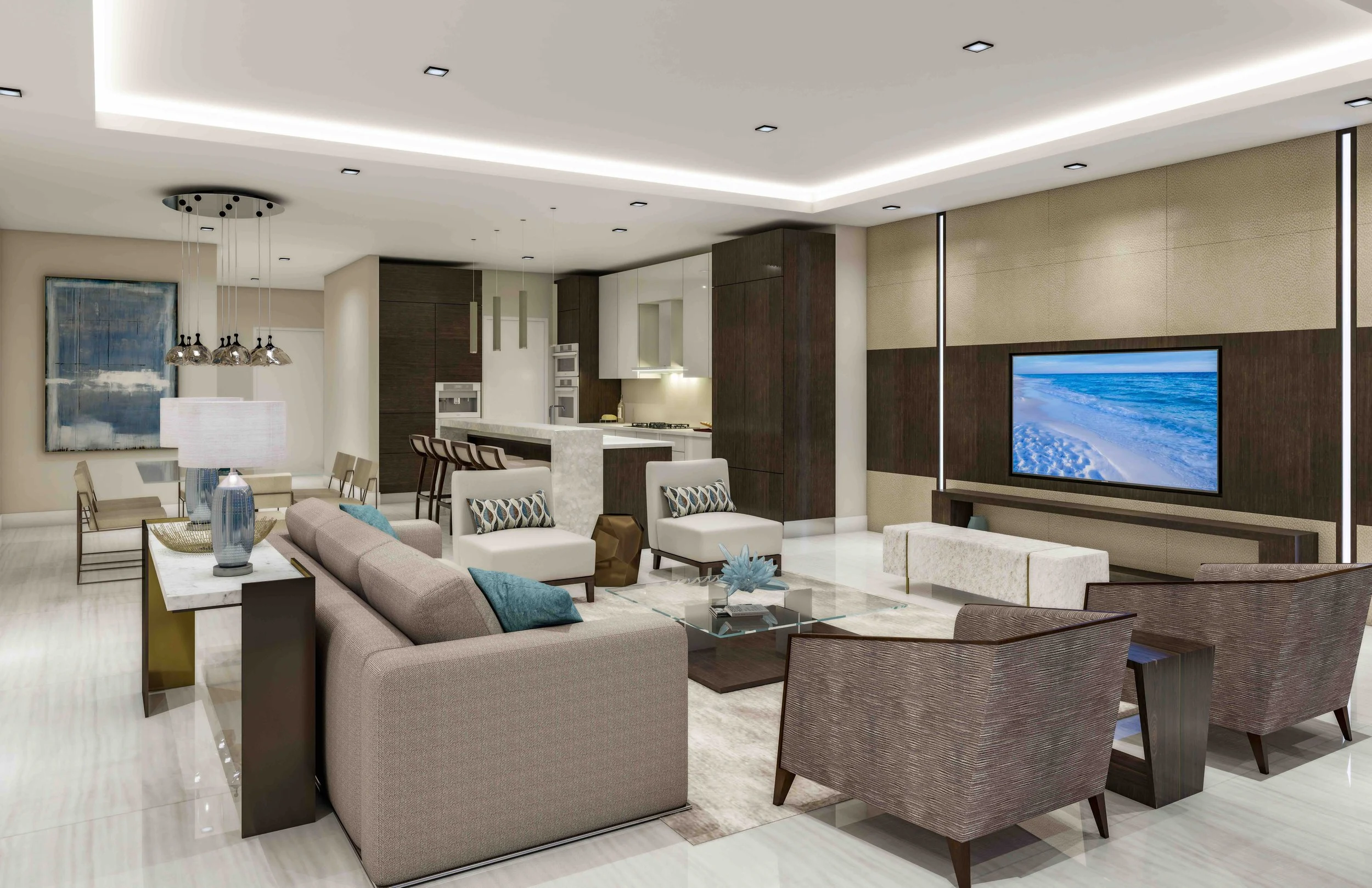 Modern living room with beige and brown furniture, a large flat-screen TV showing a beach scene, a marble tabletop, and an open kitchen in the background.