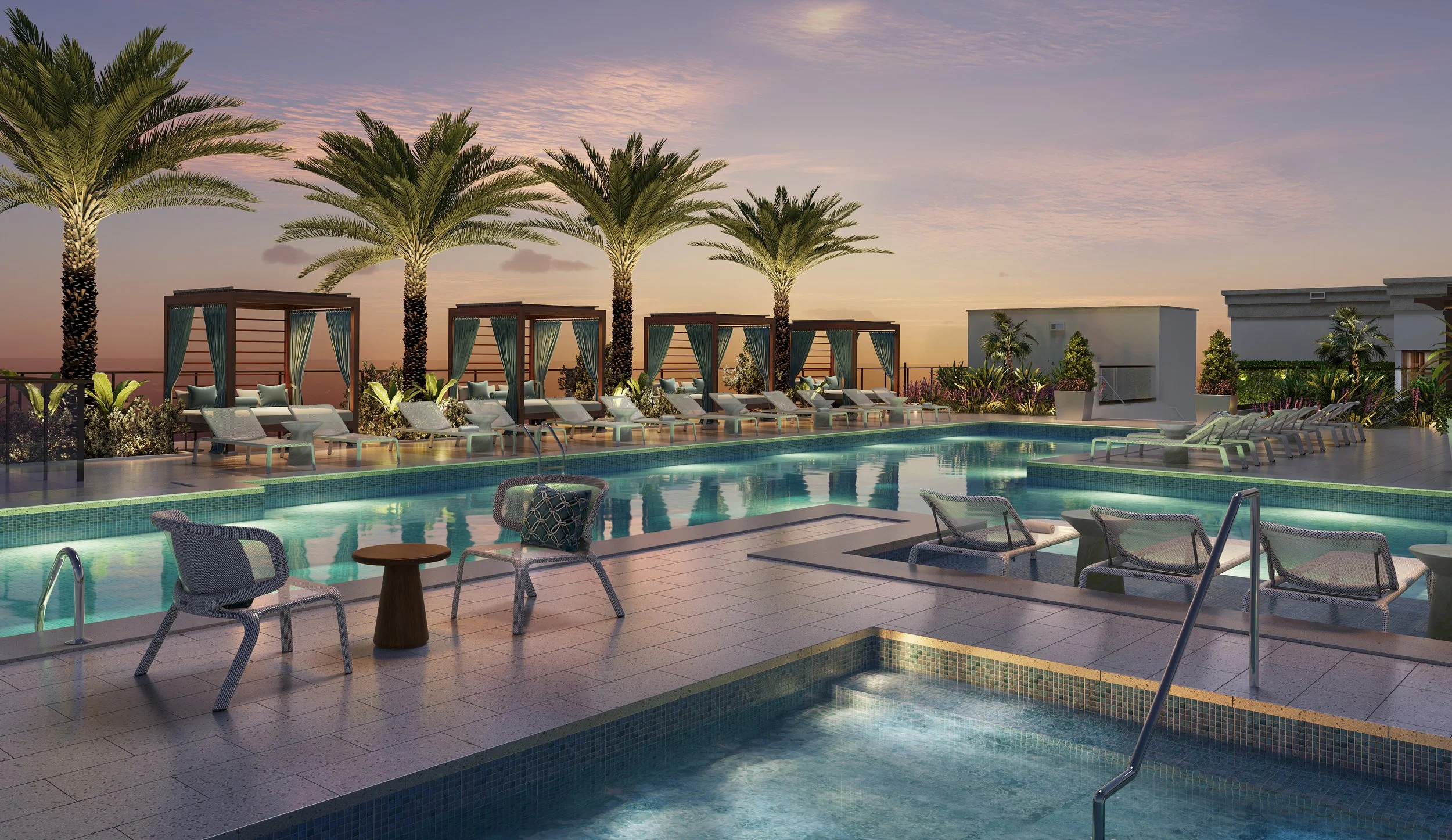 Luxury pool area with palm trees, lounge chairs, cabanas, and a sunset sky.
