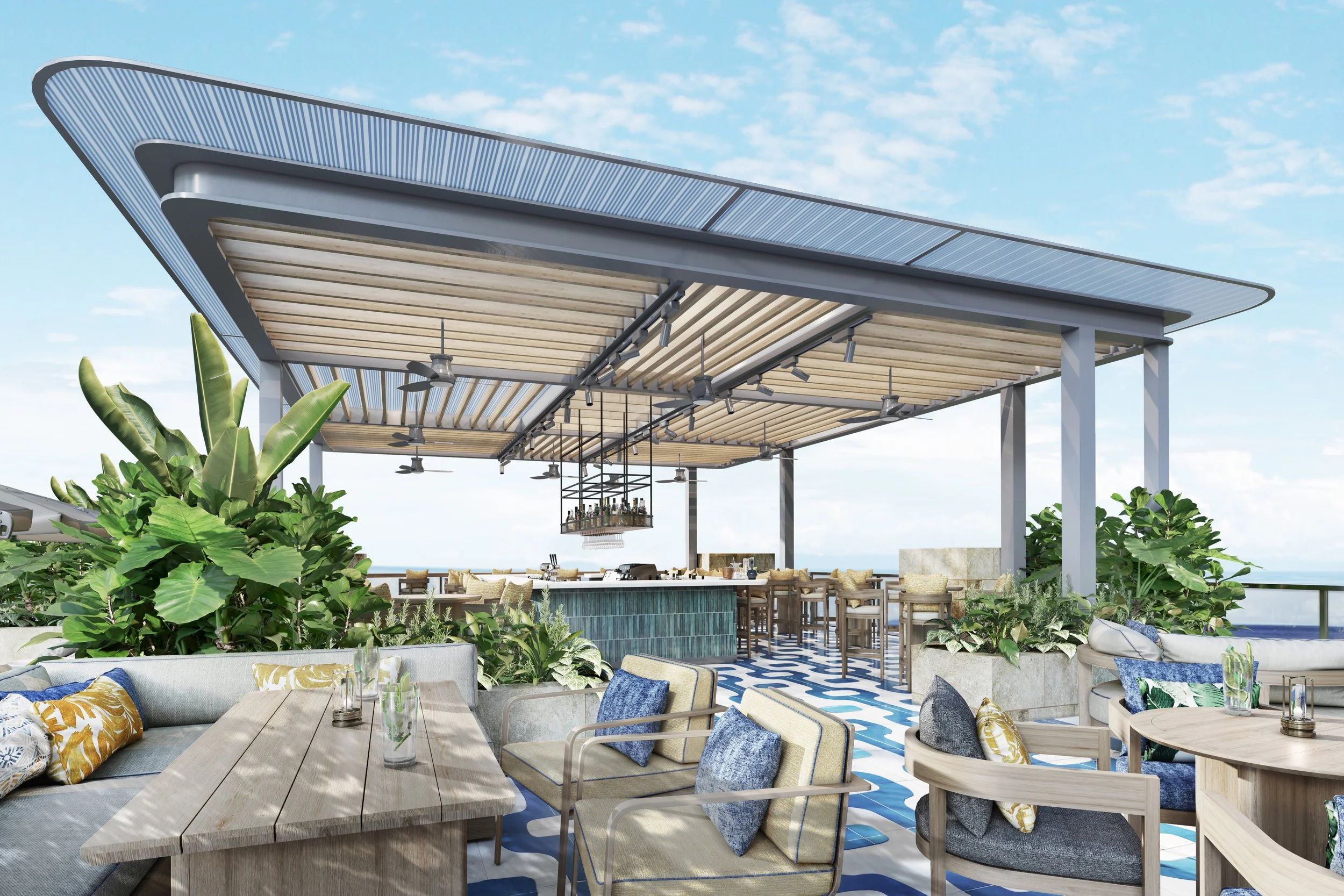 Outdoor rooftop bar with seating, tropical plants, and a bar area with a view of the sky and ocean.
