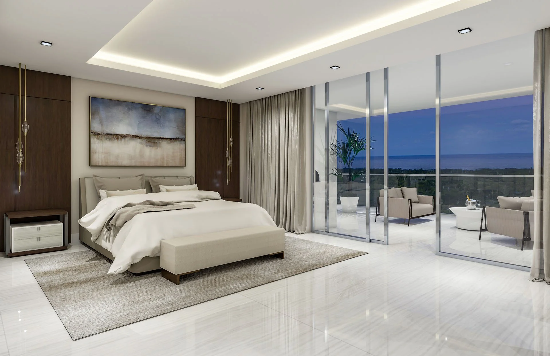 Modern bedroom with a large bed, artwork above, and sliding glass doors leads to an outdoor balcony with seating and a view of the ocean.