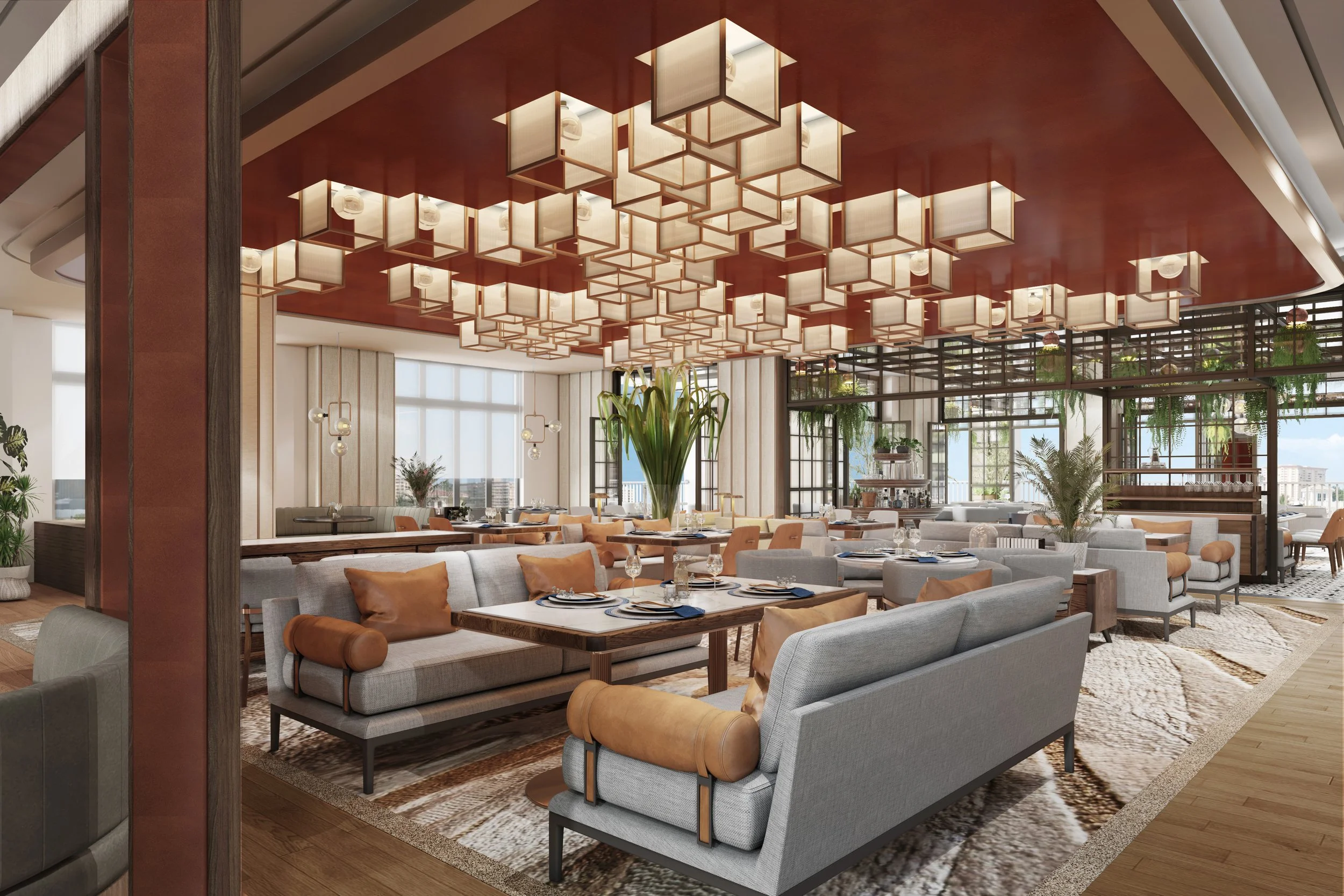 Elegant restaurant with modern decor, multiple tables set for dining, and large windows allowing natural light, featuring hanging cube-shaped light fixtures on a wooden ceiling.