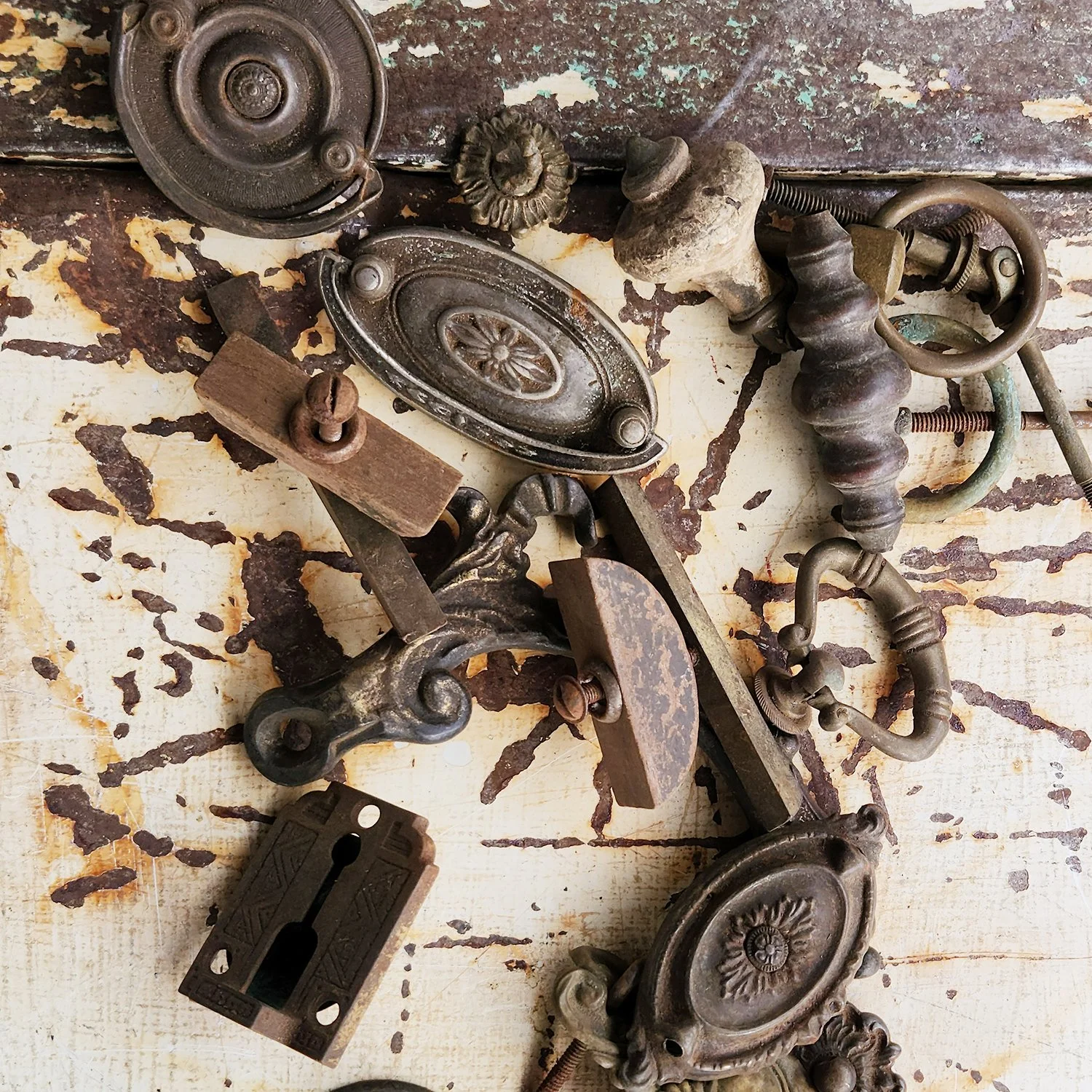 found objects collected for assemblage art and collage.