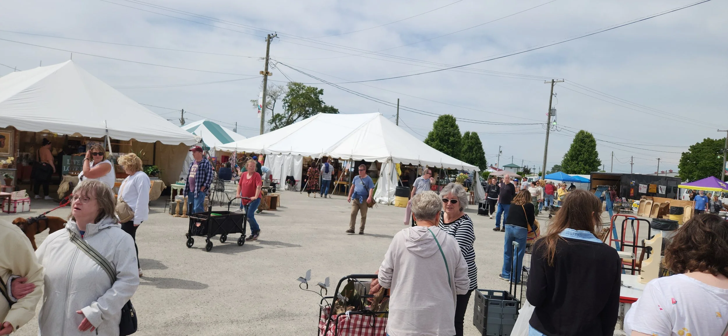 Antique show visitors browsing vendor booths and vintage treasures at the Springfield Antique Show & Flea Market, a source of found objects for assemblage art.