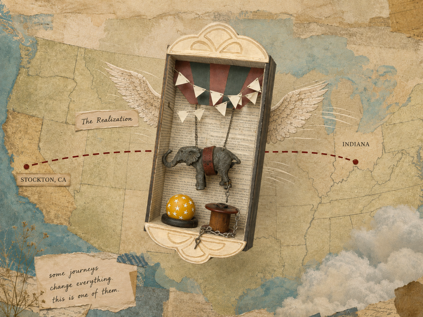 Mixed media assemblage flying across a map of the USA
