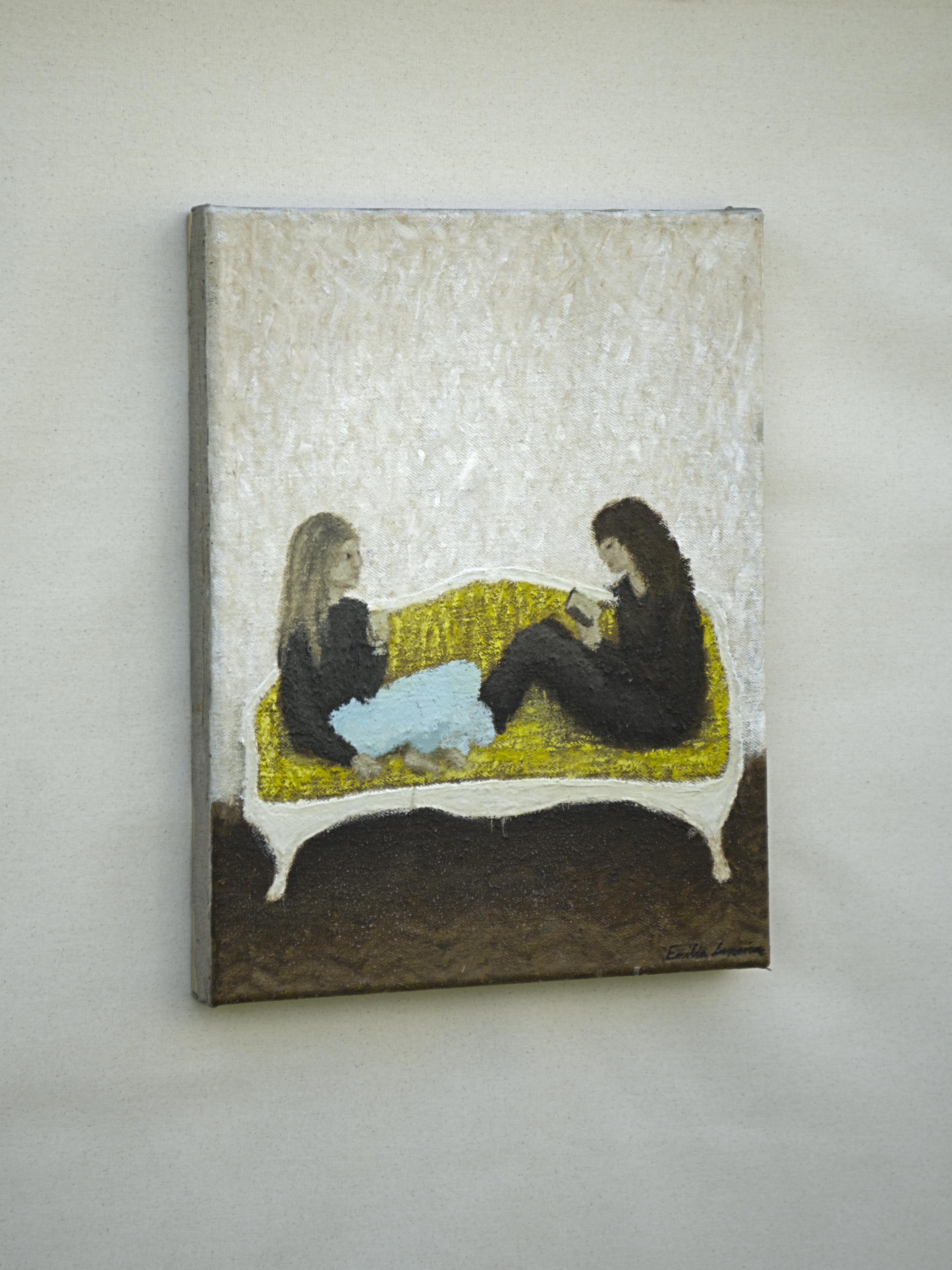 Je & Tu – Vis-à-vis by Emilia Lemaire, 2026, seen from the side, showing the depth of the canvas and the salt surface.