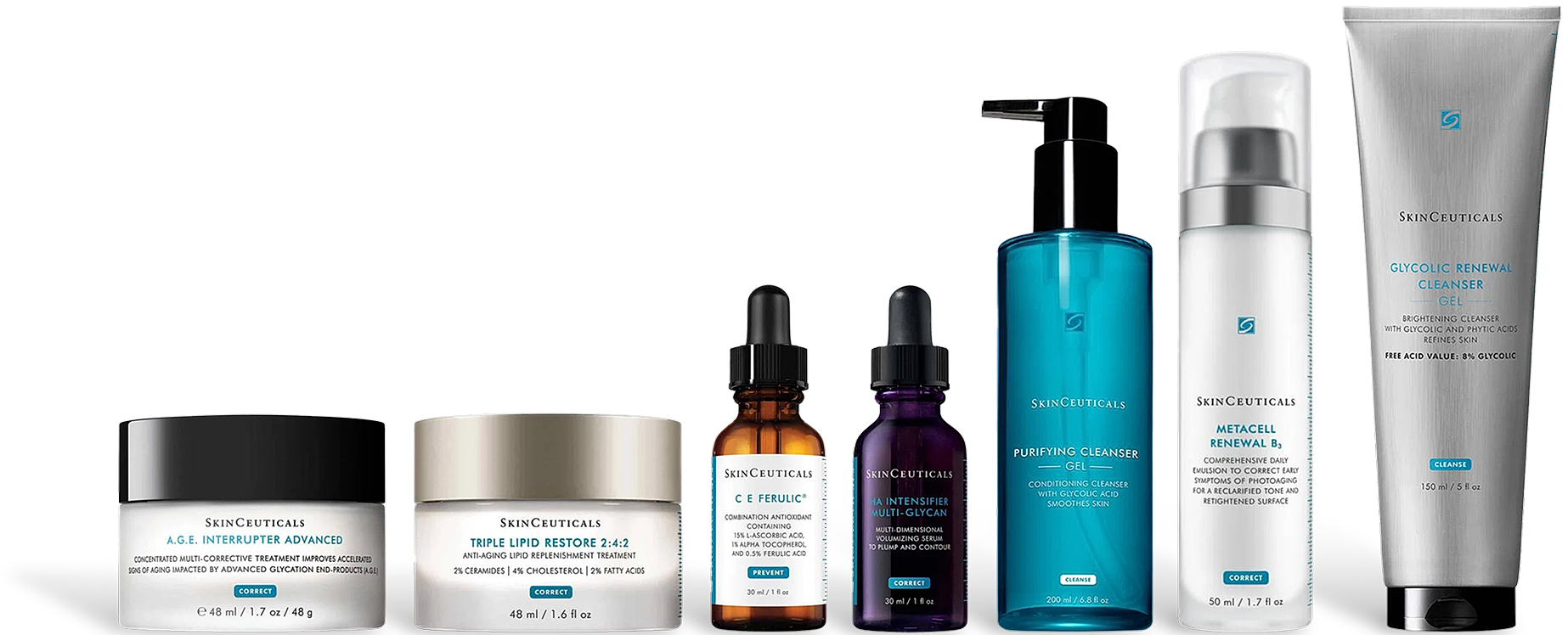 Collection of SkinCeuticals skincare products including anti-aging creams, serums, and cleansers displayed against a black background.