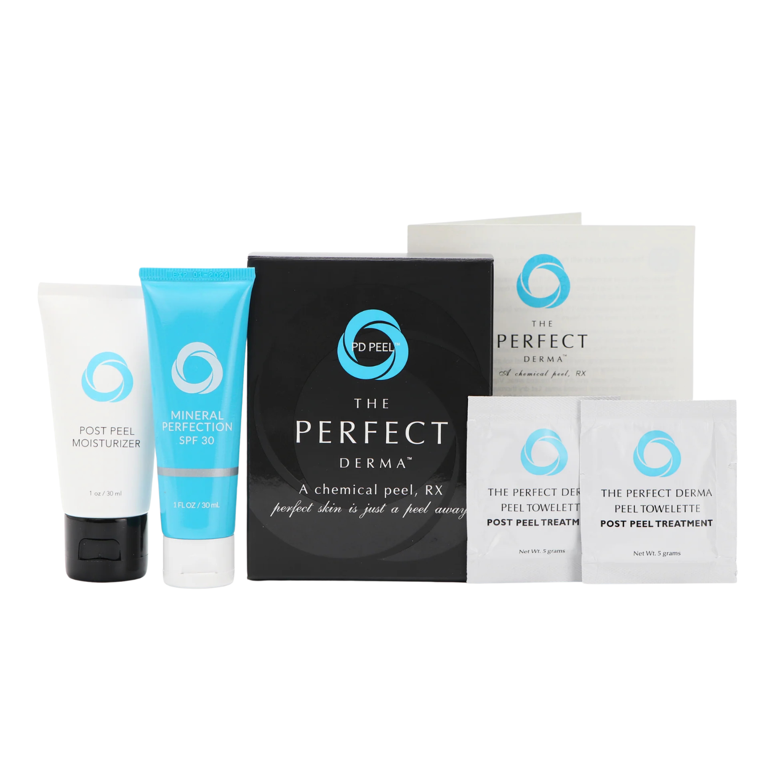 Skincare kit with peel treatments, moisturizer, and sunscreen from The Perfect Derma brand.