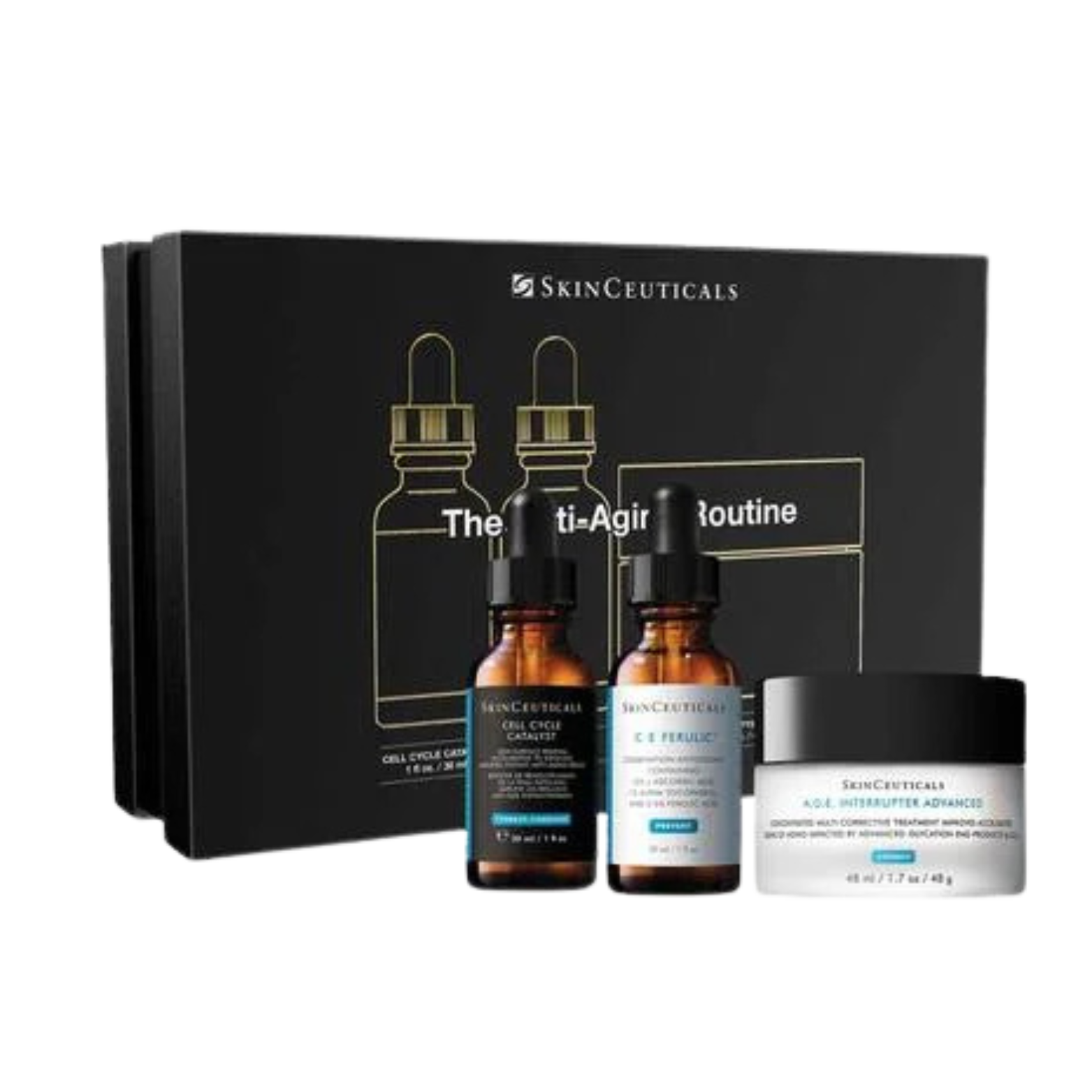 Skinceuticals skincare set including two small bottles with droppers and one jar, placed in front of a black box with gold outlines of skincare bottles and white text.