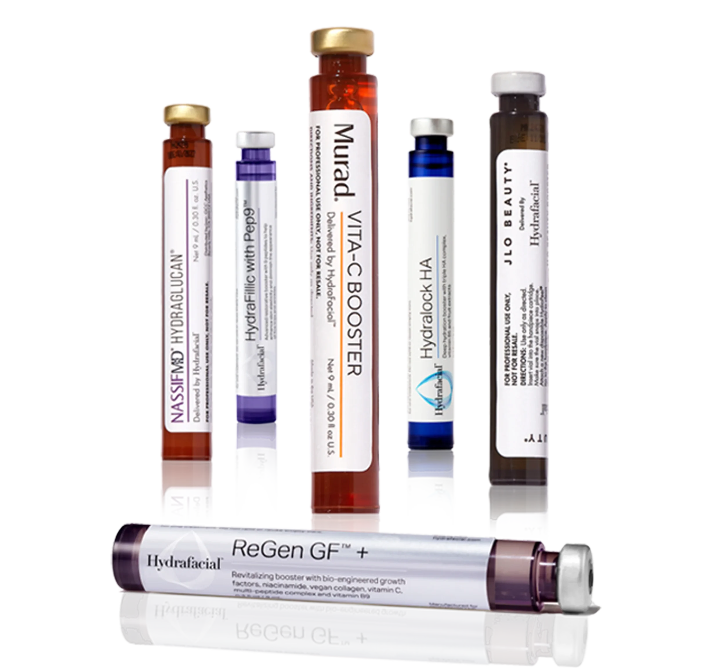 Collection of skincare serum vials, including Hydrafacial, MURAD Vitamin C Booster, JLO Beauty, and ReGen GF+ by Hydrafacial.