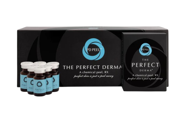 Box and bottle packaging of The Perfect Derma chemical peel product, with the bottles in front of the box.