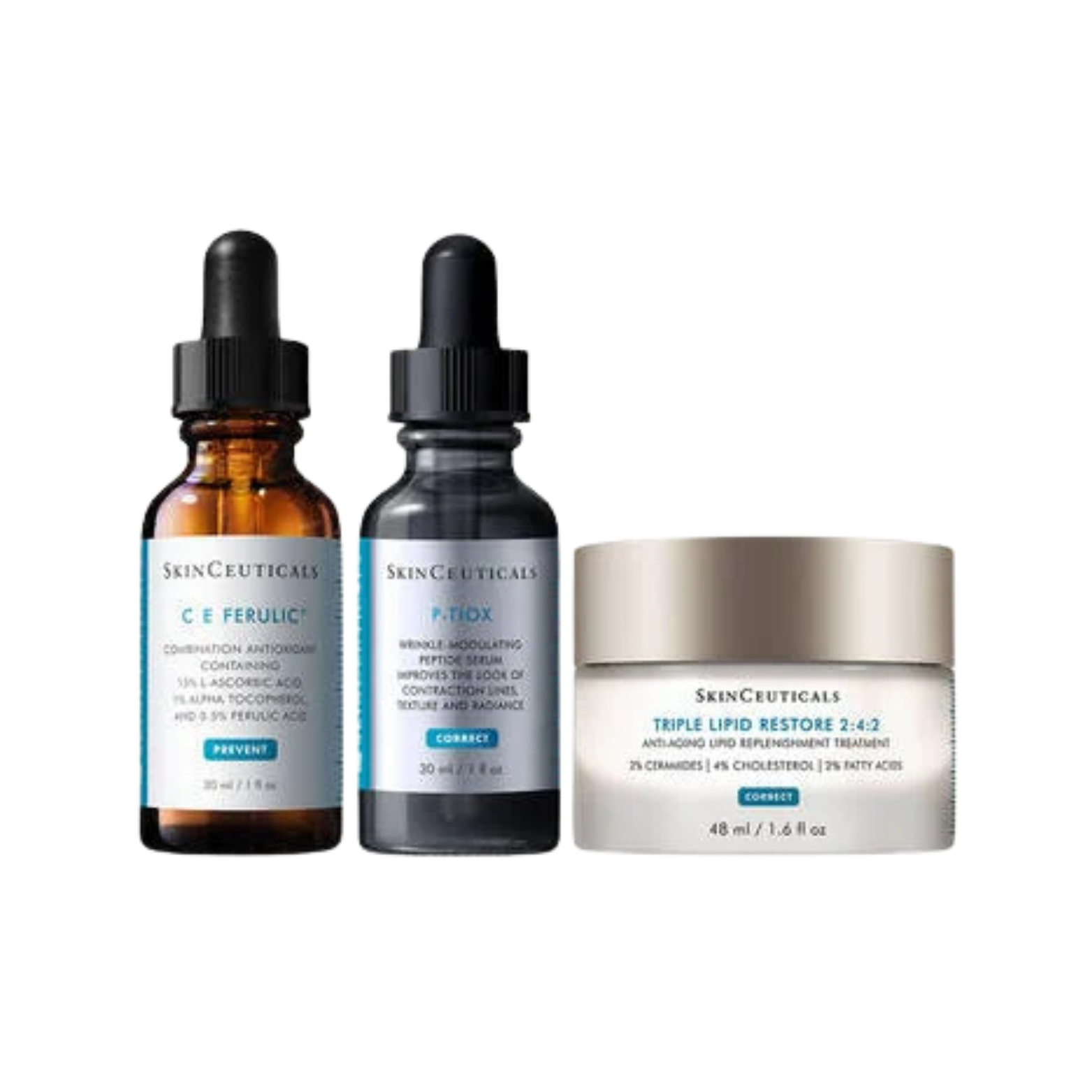 Three skincare products from SkinCeuticals: a brown bottle labeled C E Ferulic with a dropper cap, a dark gray bottle labeled P Tox with a dropper cap, and a white jar labeled Triple Lipid Restore 2:4:2 with a screw-on lid.