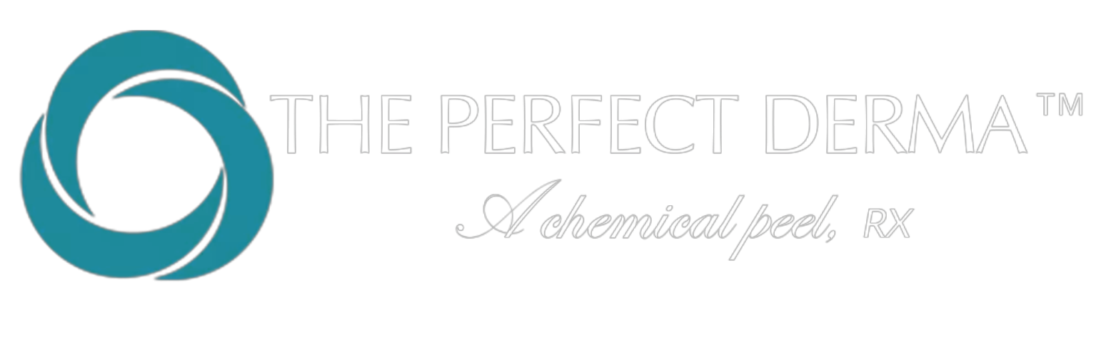 Logo for The Perfect Derma, featuring a circular graphic, with the text "The Perfect Derma" by the circle, and the tagline "A chemical peel, RX" below in cursive.