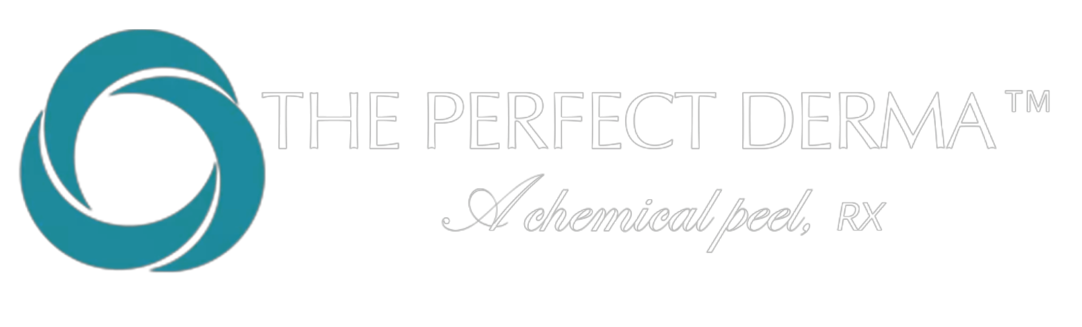 Logo of The Perfect Derma chemical peel with a blue circular design and black background.