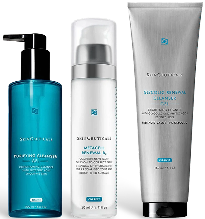 Three skincare products from SkinCeuticals: a blue purifying cleanser gel, a white metacell renewal B3 serum, and a silver glycolic renewal cleanser gel.