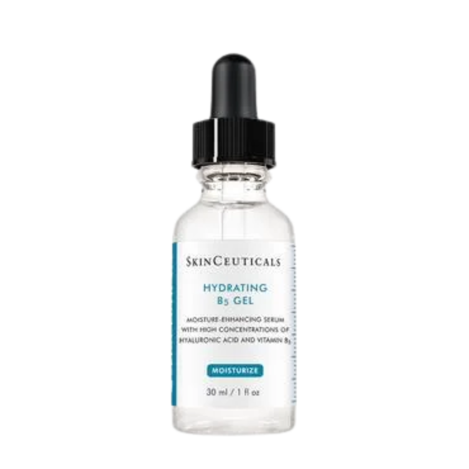 A small transparent glass bottle of SkinCeuticals Hydrating B5 Gel with a black screw cap and dropper. The label is white with blue accents, indicating it is a moisturizer and moisture-enhancing serum with hyaluronic acid and vitamin B5.