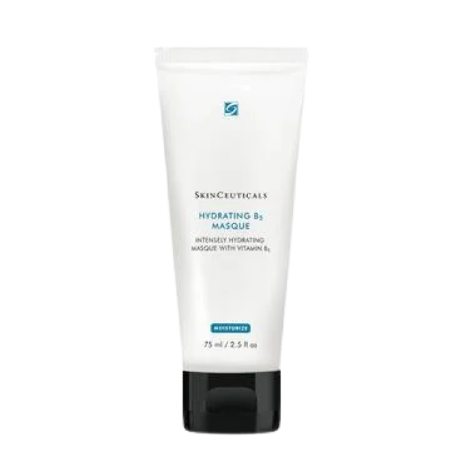 Skinceuticals Hydrating B5 Masque tube with white packaging and black cap, featuring blue and black text, stating it is a hydrating masque with vitamin B5, 75 ml, 2.5 fl oz.