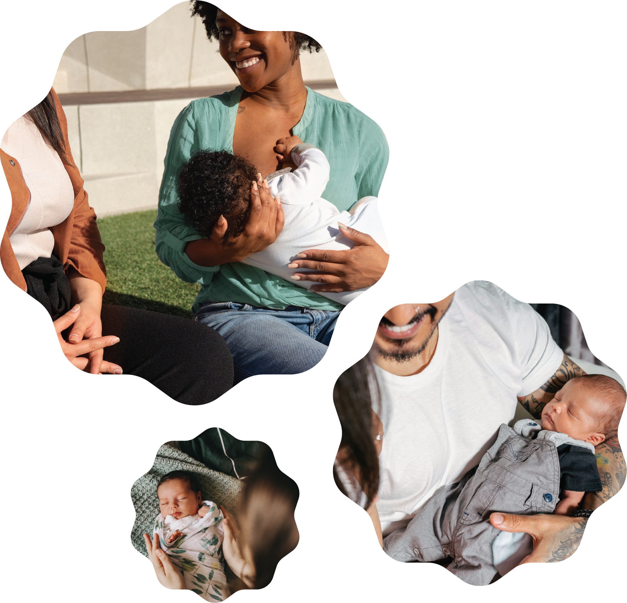 Parents feeding and holding their babies in close, nurturing moments of early parenting.