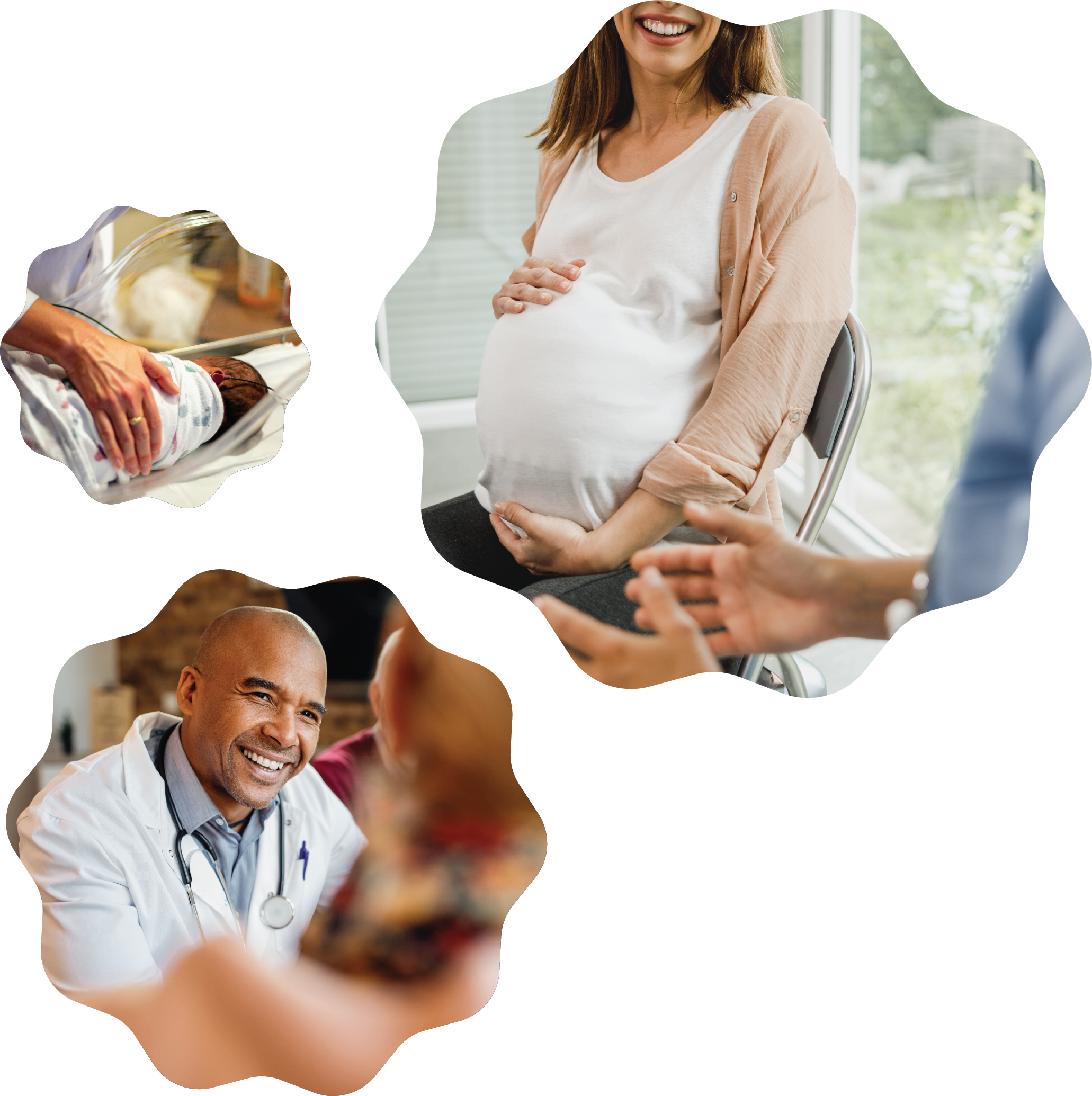 Pregnant and new parents receiving care and support, including a prenatal check-in and early parenting moments.