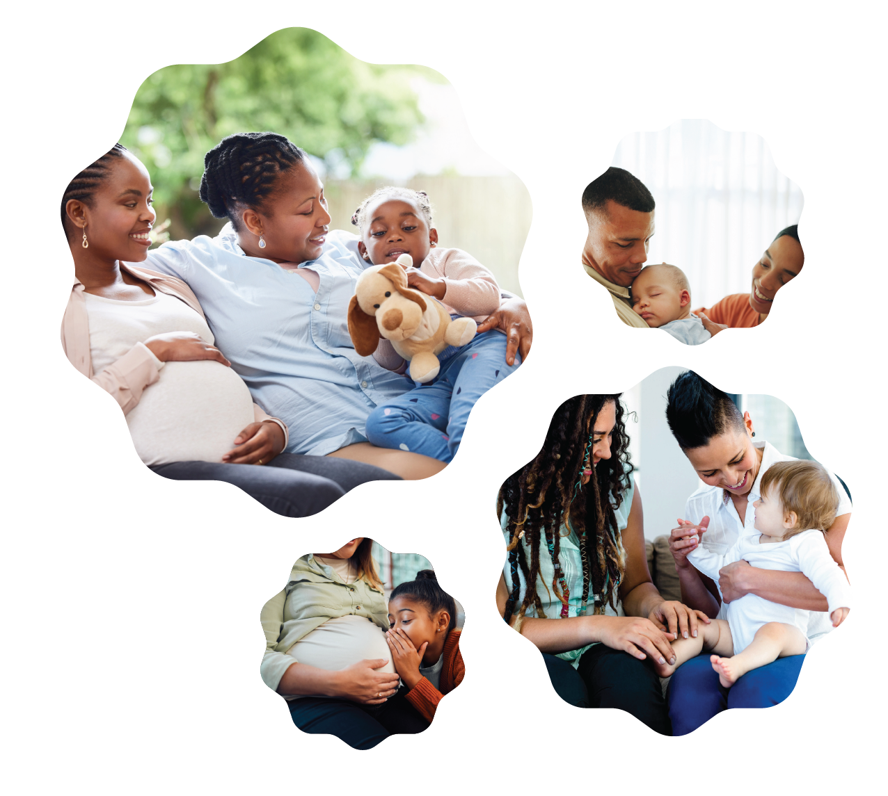 Diverse families bonding with their babies in everyday caregiving moments.
