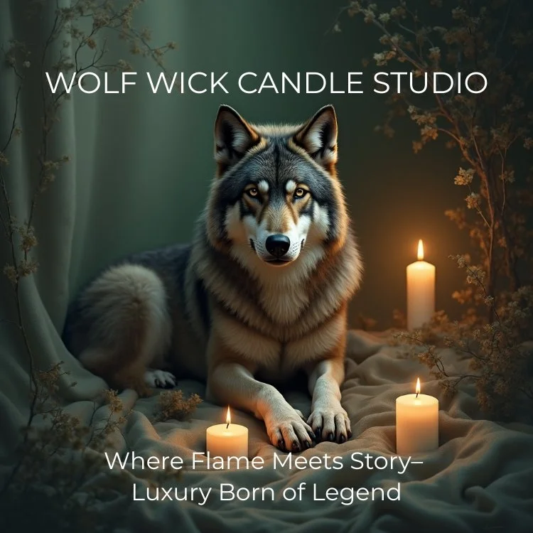 A wolf lying down in a dark, forest-like setting with three lit candles around it, promoting Wolf Wick Candle Studio as a luxury brand.