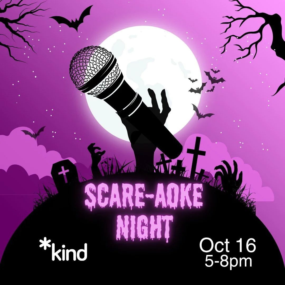 Scare-aoke Night
Oct 16
5-8pm
Registration link and access notes in bio/Linktree.
Image Description: Silhouette of a grass hill covered in tombstones with hands coming out of it, one of which is holding a microphone. In the background is a full moo