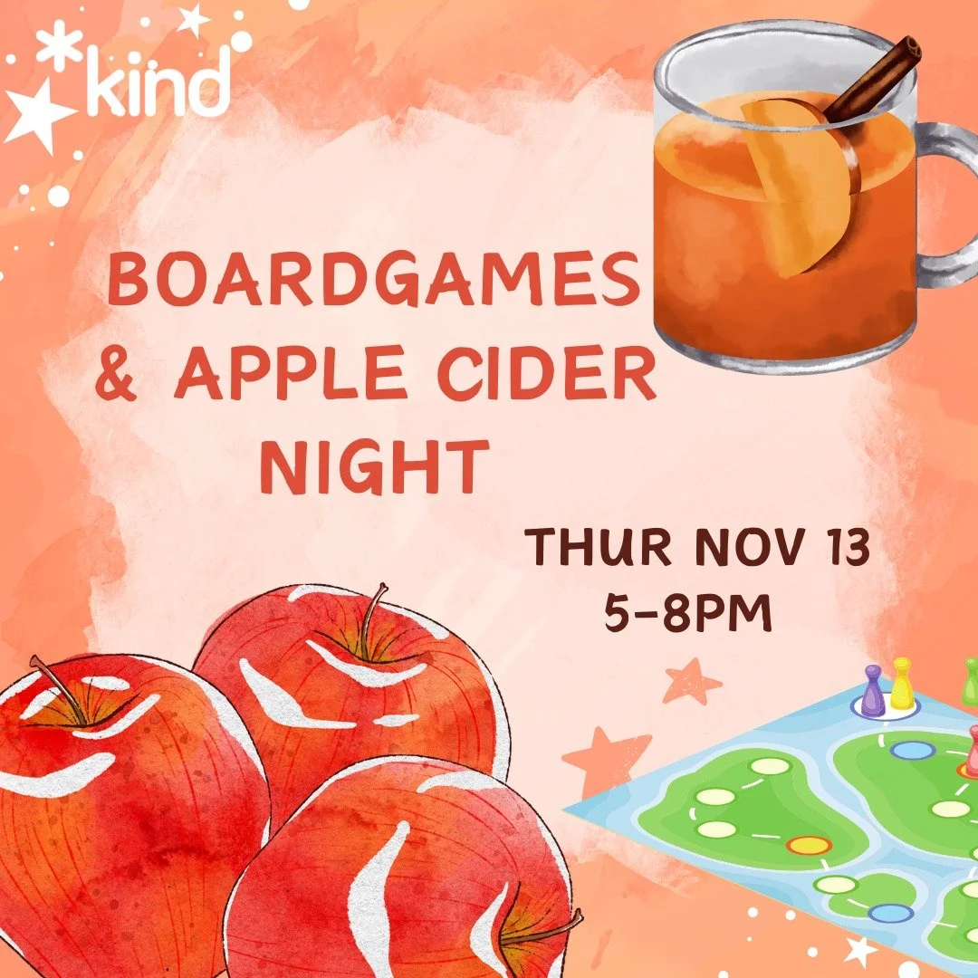 Boardgames &amp; Apple Cider Night
Thur Nov 13
5-8pm

Registration link and full access notes in bio/linktree.

Image Description: Pictures of apples, a mug of apple cider, and a boardgame with stars in the background.