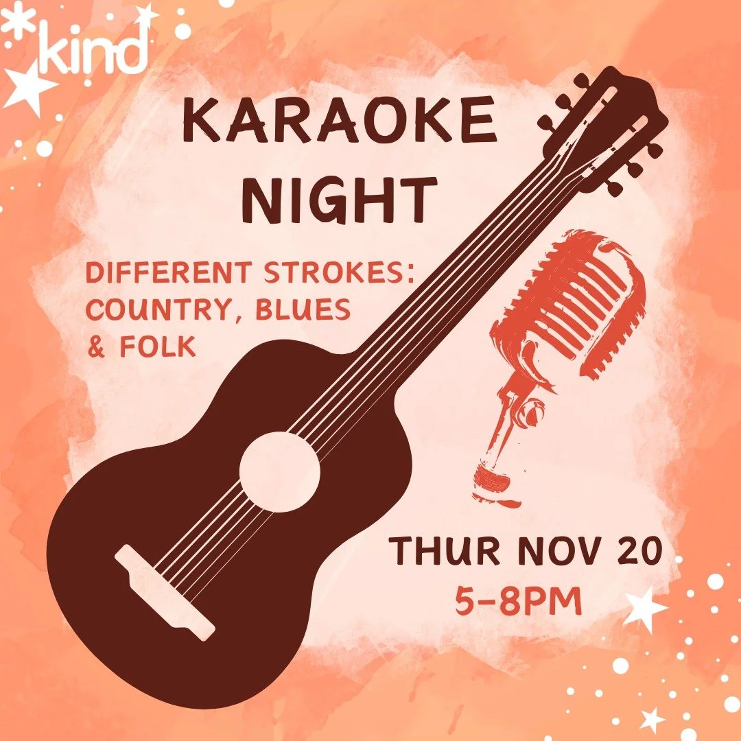 Karaoke Night
Different Strokes:
Country, Blues &amp; Folk
Thur Nov 20
5-8pm

Registration link and full access notes in bio/linktree.

Image Description: A dark brown silhouette of an acoustic guitar and an orange silhouette of a microphone, with st