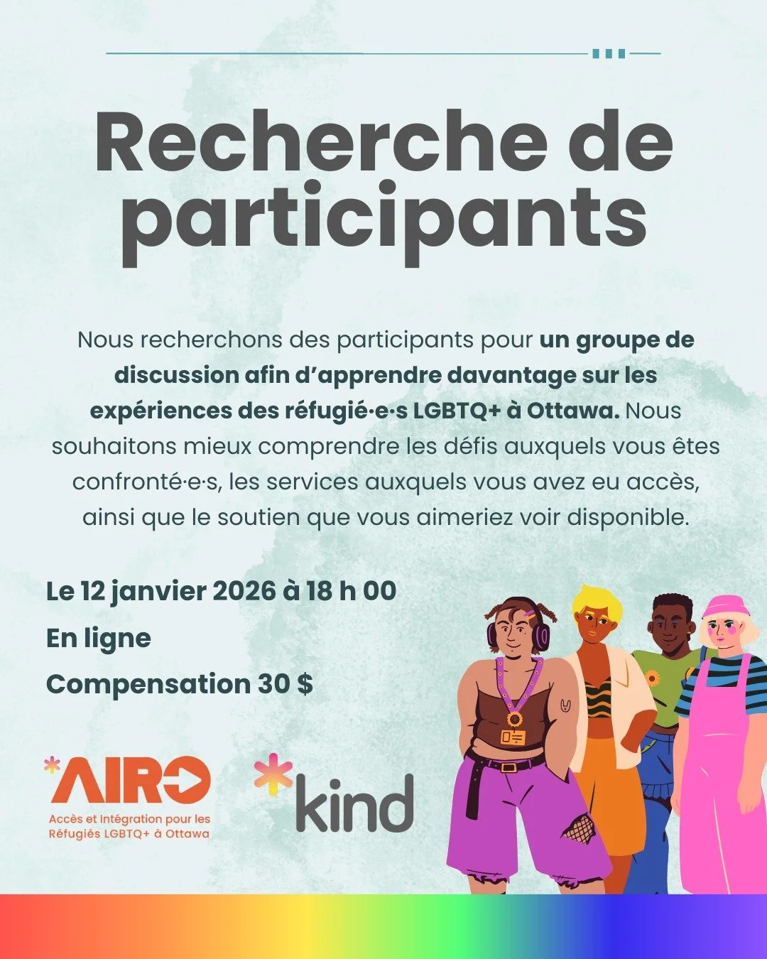 Vous &ecirc;tes r&eacute;fugi&eacute;(e) LGBTQ+ au Canada, vous parlez fran&ccedil;ais et vous habitez &agrave; Ottawa ?
Nous recherchons des participant(e)s pour un groupe de discussion visant &agrave; mieux comprendre les parcours, d&eacute;fis et 