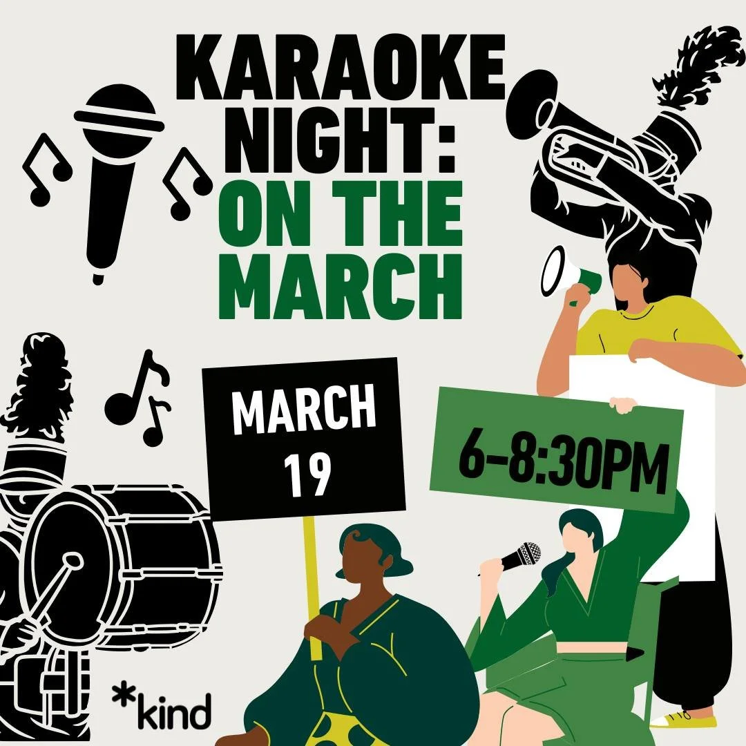 Karaoke Night:
On The March
March 19
6-8:30pm

Registration link and full access notes in bio/Linktree.

Image Description: Silhouettes of musical notes, a microphone, and two marching band members-- one playing the trumpet, another a drum. There are