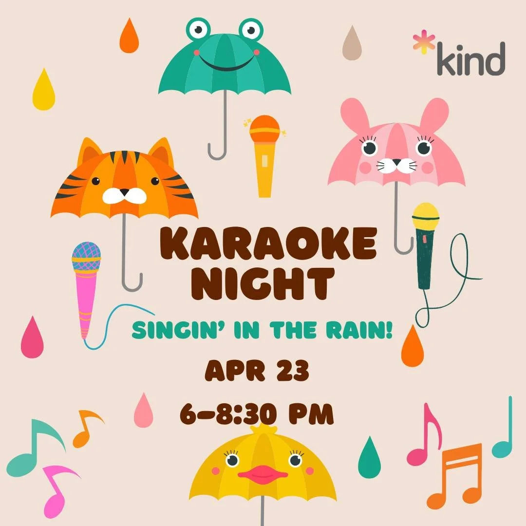 Karaoke Night:
Singin' In The Rain!
April 23
6-8:30pm

Registration link and full access notes in bio/linktree.

Image Description: Stylized illustrations of microphones, raindrops, and umbrellas that have animal faces on them.