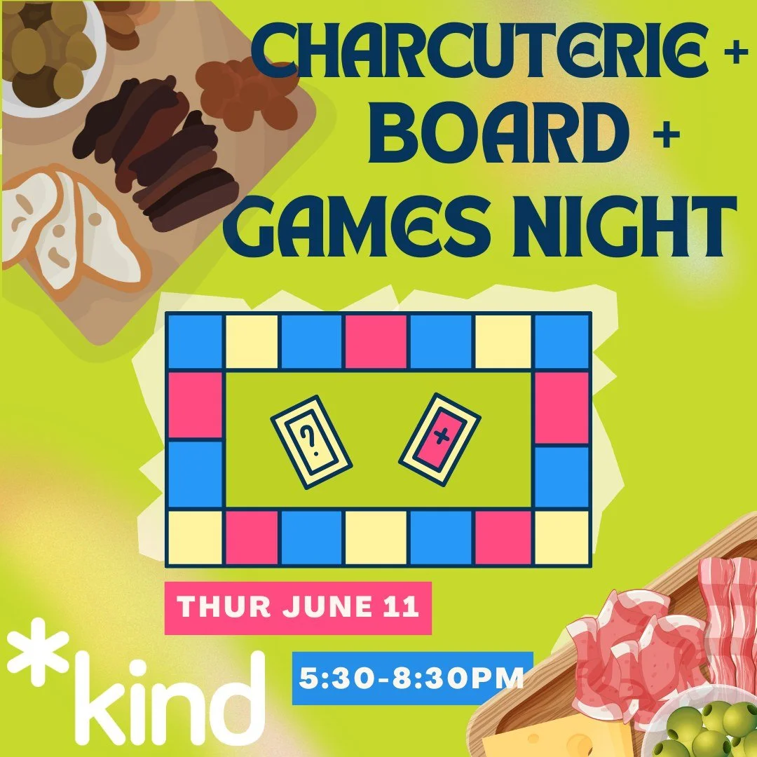 Charcuterie + Board + Games Night
Thur June 11
5:30-8:30pm

Registration link and full access notes in bio/Linktree.

Image Description: Drawings of charcuterie boards (with breads, meats, olives, cheese, etc.) and a boardgame using tiles and cards.