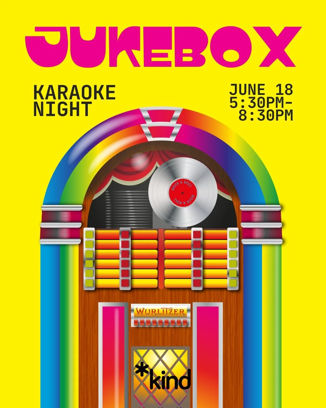 Karaoke Night: Jukebox
June 18
5:30-8:30pm

Registration link and full access notes in bio/Linktree.

Image Description: A drawing of a rainbow Wurlitzer jukebox.
