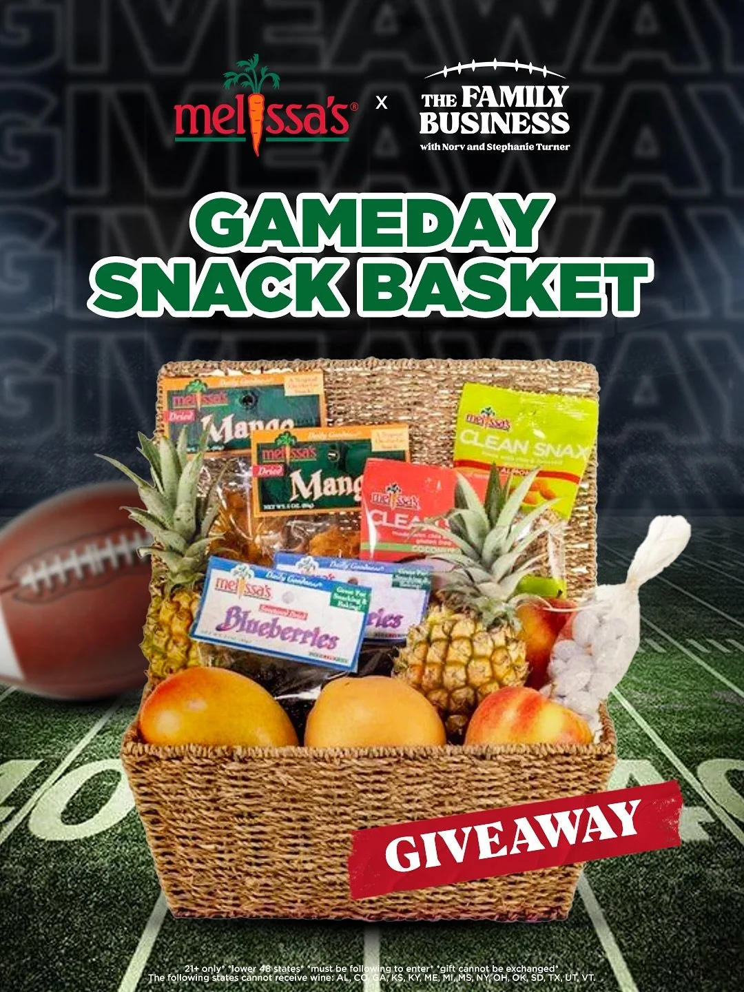 ‼️GAMEDAY SNACK BASKET‼️
Enter for your chance to win a sweet treat from @melissasproduce 🏈🥭🍐

Here&rsquo;s how to enter:
1️⃣ Follow @thefamilybusiness_pod 
2️⃣ Like this post
3️⃣ Tag your favorite armchair quarterback 
🔄 BONUS: Click the double 