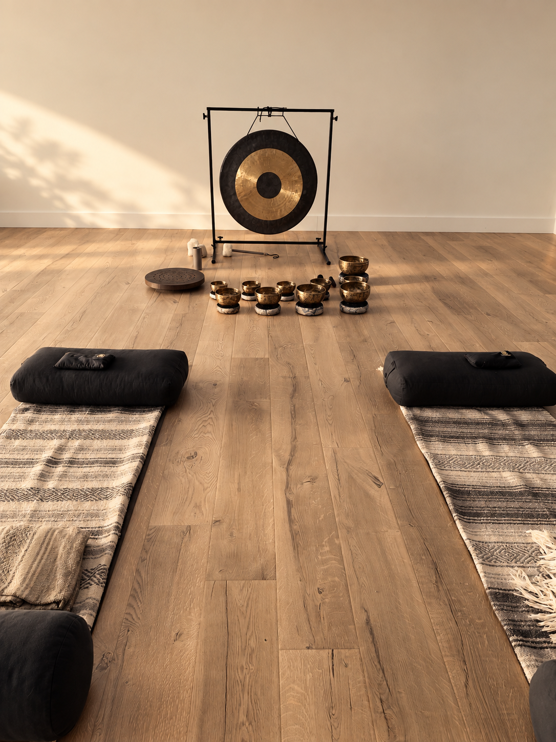Sound bath setting with two beautiful mat and pillow placements
