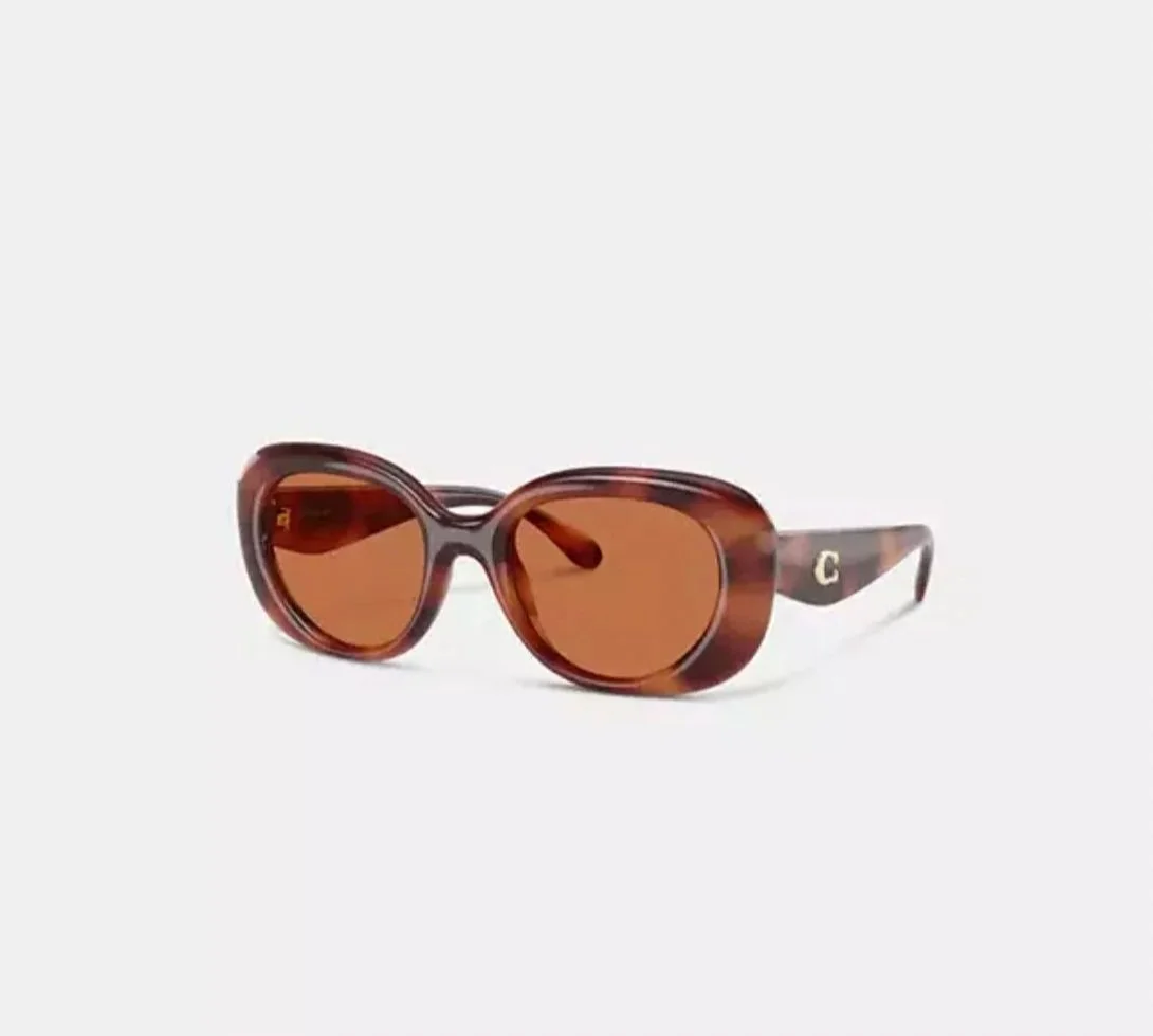 Brown sunglasses with large oval lenses and a decorative frame.