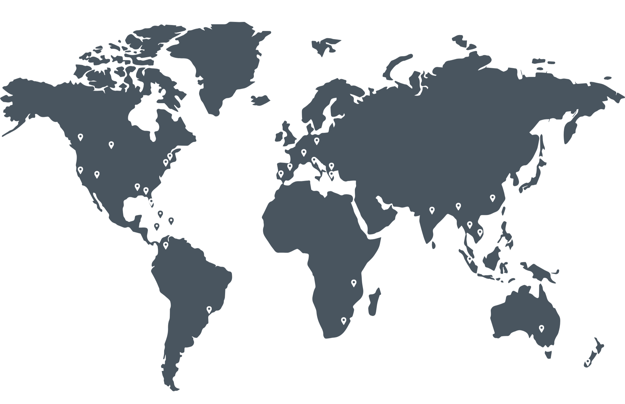 World map with white location markers in North America, Anguilla, St. Maarten, Turks, Ambergris Cay, Costa Rica, Four Seasons Papagayo, Italy, France, Europe, Africa, Asia, Australia, New Zealand, South America, Patagonia, Chile, Peru, New York City.
